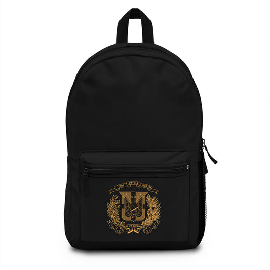 Stylish Golden DOMINICAN REPUBLIC Flag Shield Emblem Backpack for School and Travel
