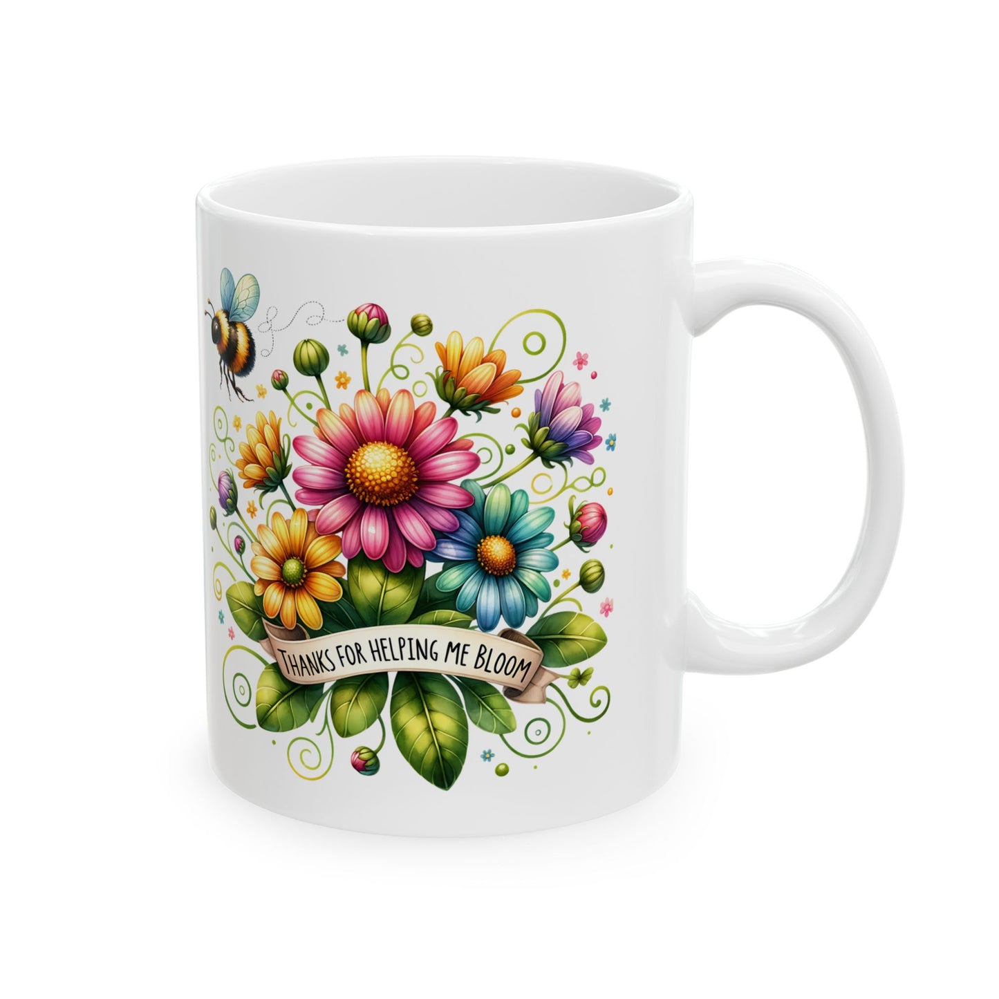 Flower & Bee Ceramic Mug – Thank You Design (11oz & 15oz)