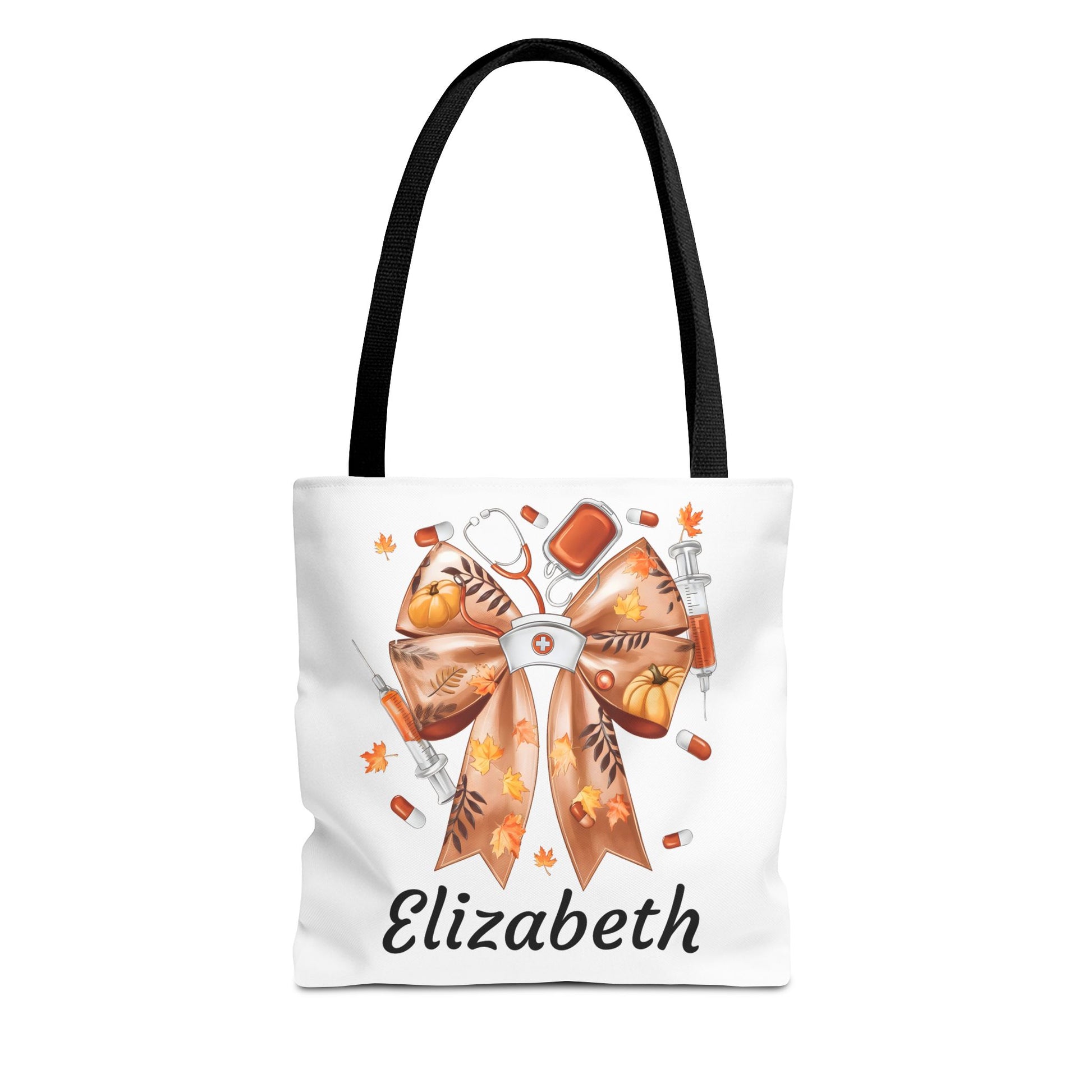 Personalized fall nurse tote bag featuring a bow, medical tools, and the name 'Elizabeth', perfect for autumn gifts.