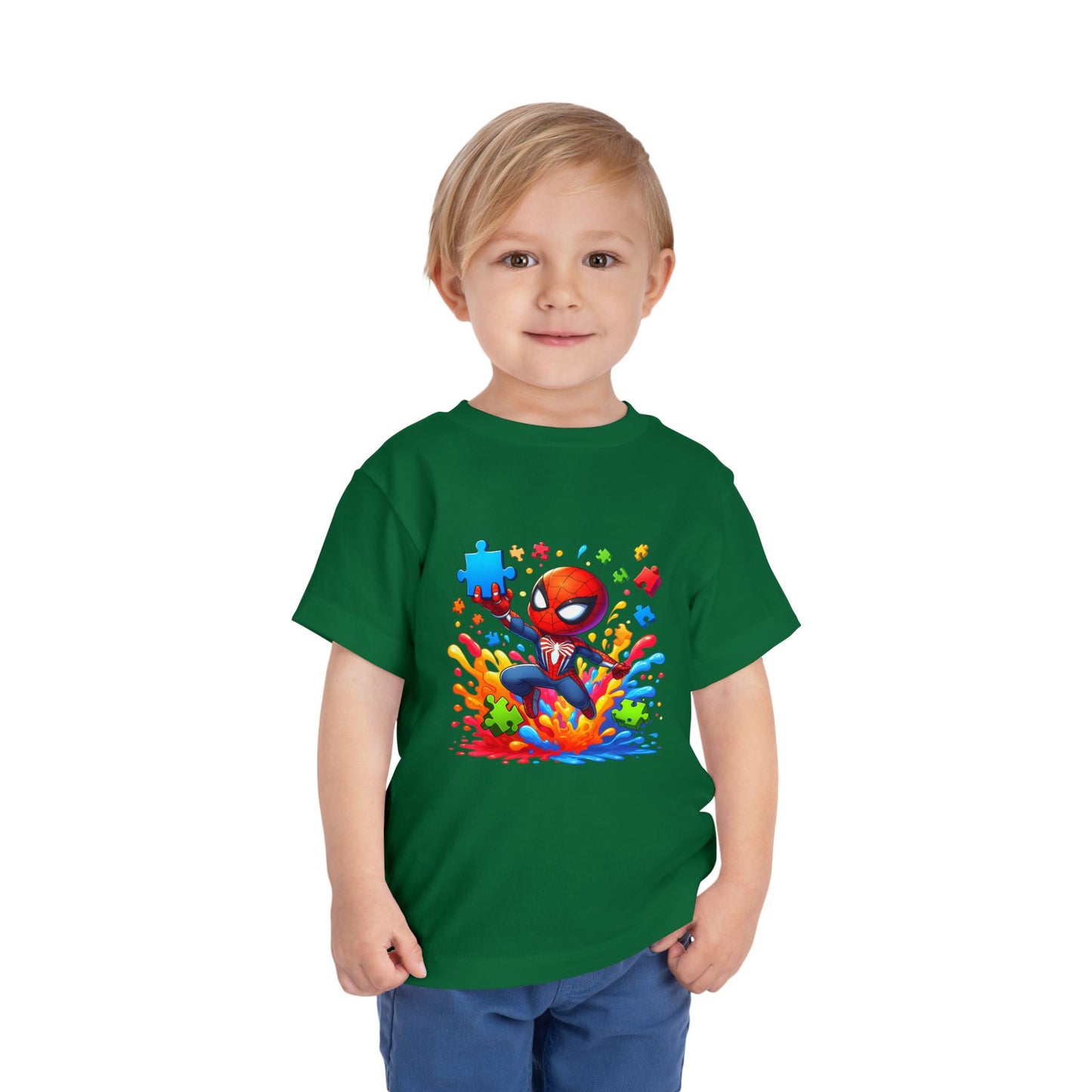 Toddler Spiderman Short Sleeve Tee - Autism Awareness Colorful Puzzle Splash Design