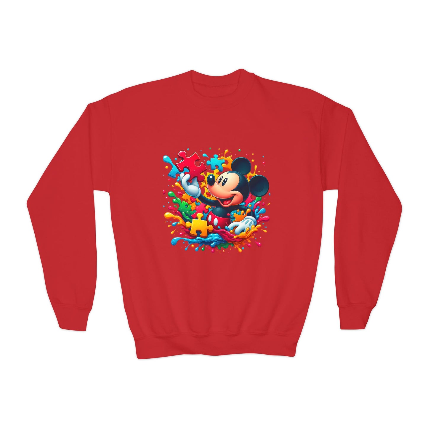 Colorful Puzzle Autism Awareness Youth Crewneck Sweatshirt - Mickey Mouse Design