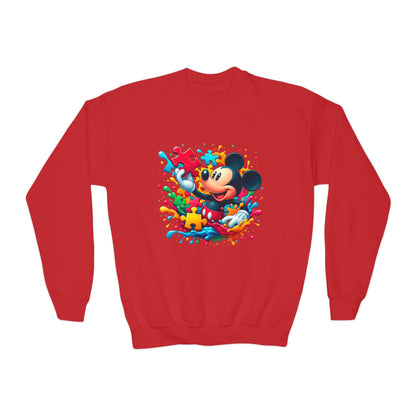 Colorful Puzzle Autism Awareness Youth Crewneck Sweatshirt - Mickey Mouse Design - Nefty Creations
