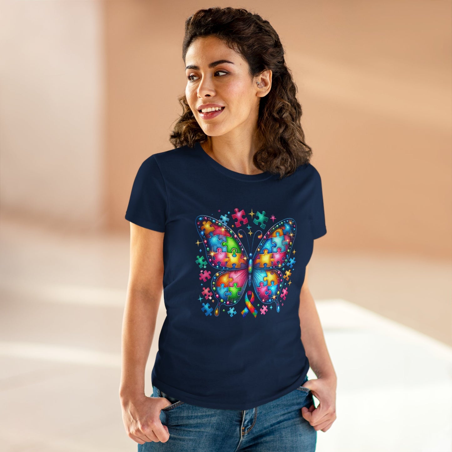 Colorful Butterfly Puzzle Women's Midweight Cotton Tee