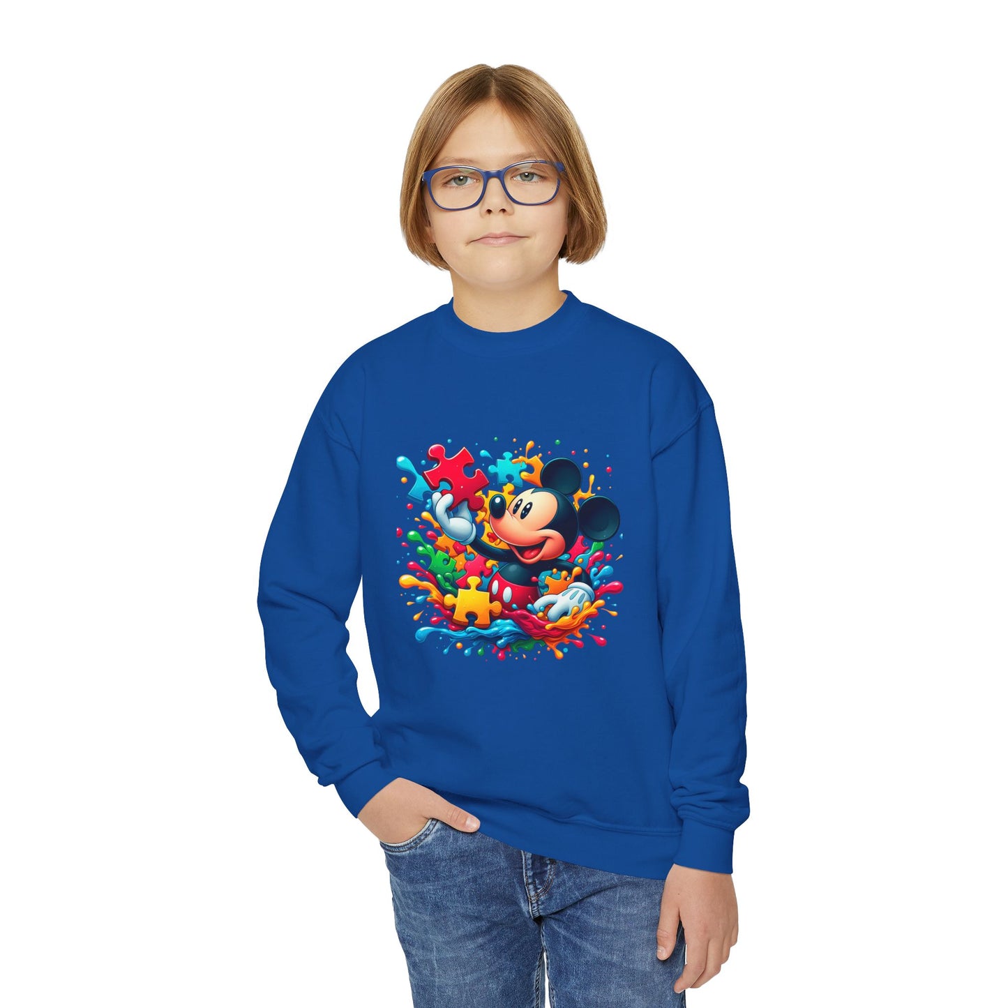 Colorful Puzzle Autism Awareness Youth Crewneck Sweatshirt - Mickey Mouse Design
