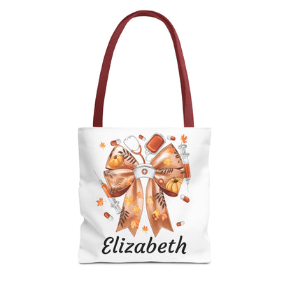 Personalized fall nurse tote bag featuring a festive autumn design and the name Elizabeth.