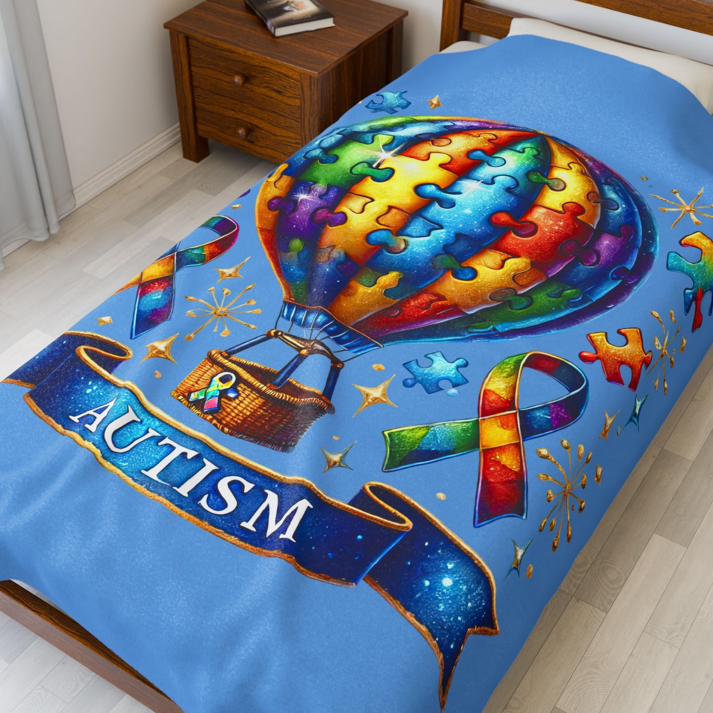 Autism Awareness Velveteen Plush Blanket for Kids - Colorful Hot Air Balloon Design
