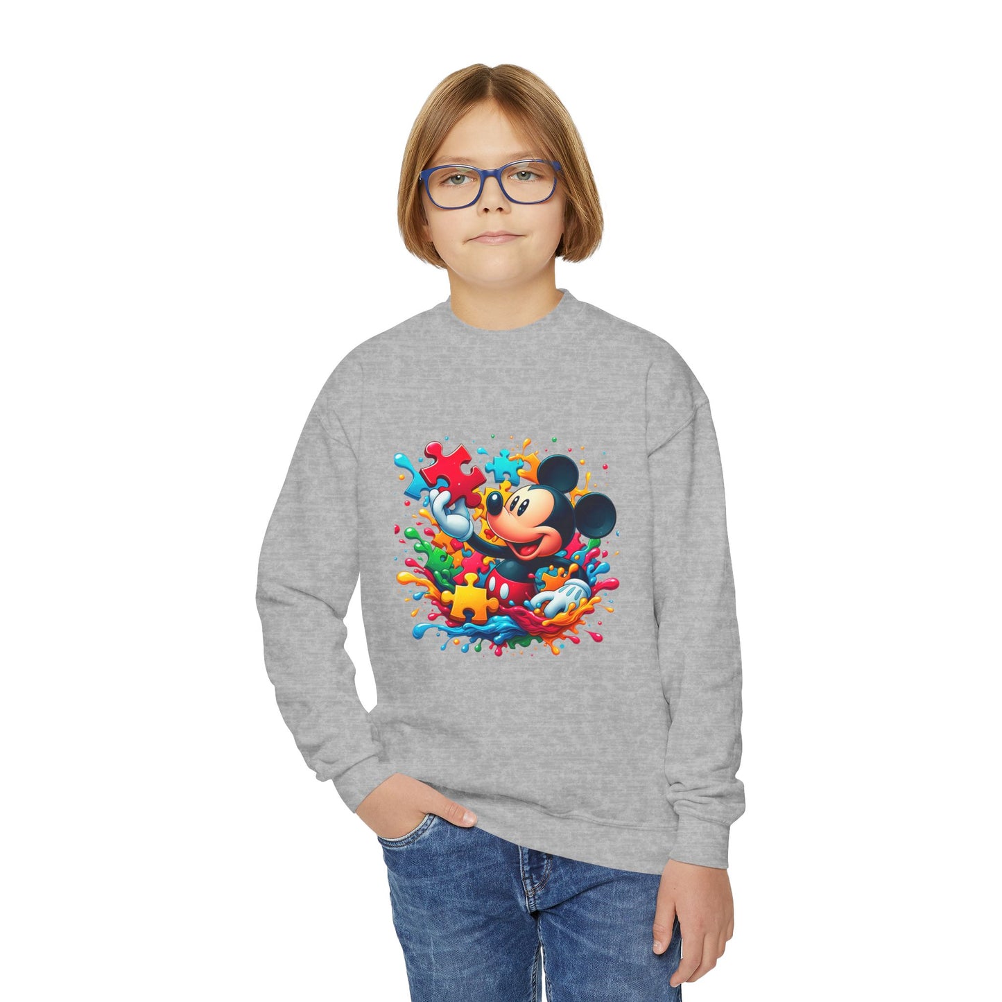 Colorful Puzzle Autism Awareness Youth Crewneck Sweatshirt - Mickey Mouse Design