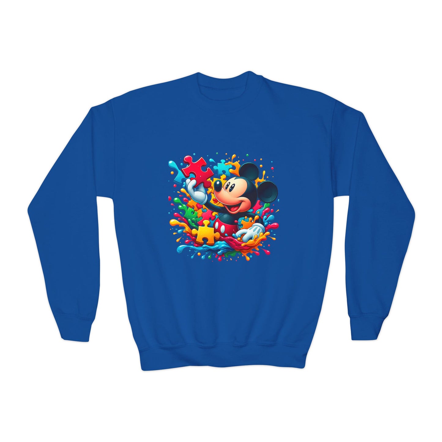 Colorful Puzzle Autism Awareness Youth Crewneck Sweatshirt - Mickey Mouse Design