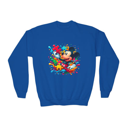 Colorful Puzzle Autism Awareness Youth Crewneck Sweatshirt - Mickey Mouse Design - Nefty Creations