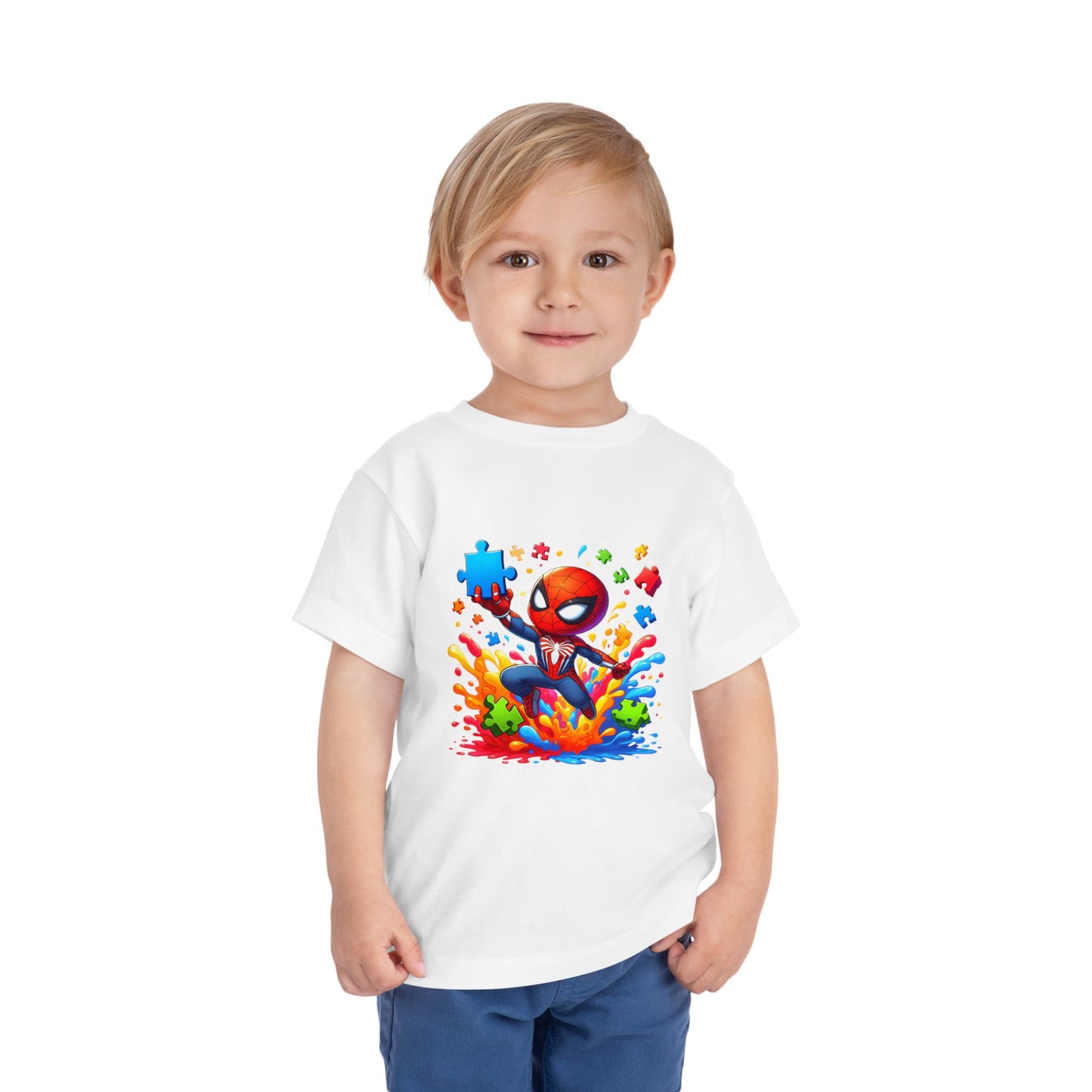 Toddler Spiderman Short Sleeve Tee - Autism Awareness Colorful Puzzle Splash Design