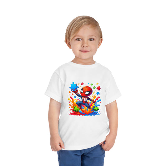 Toddler Spiderman Short Sleeve Tee - Autism Awareness Colorful Puzzle Splash Design