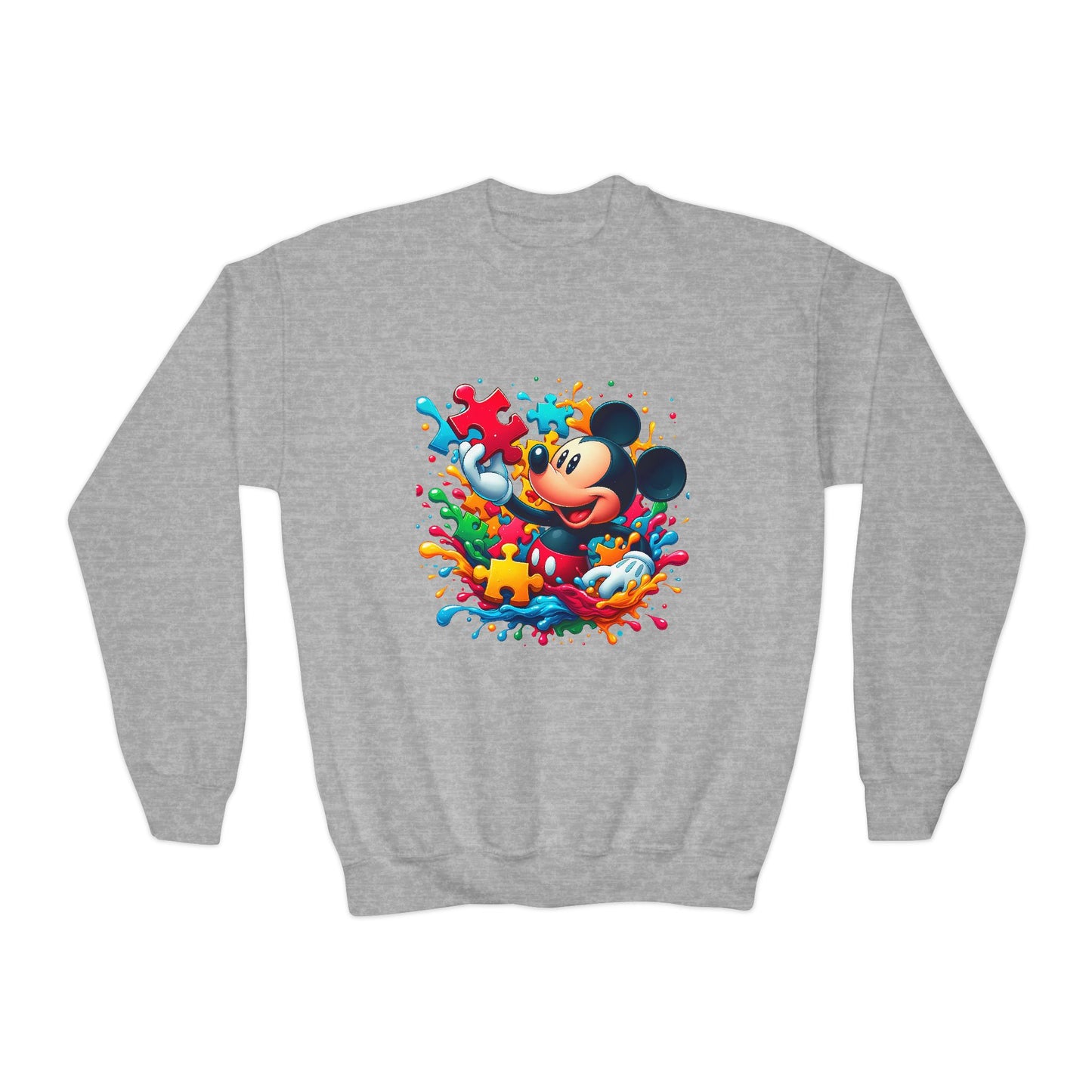Colorful Puzzle Autism Awareness Youth Crewneck Sweatshirt - Mickey Mouse Design