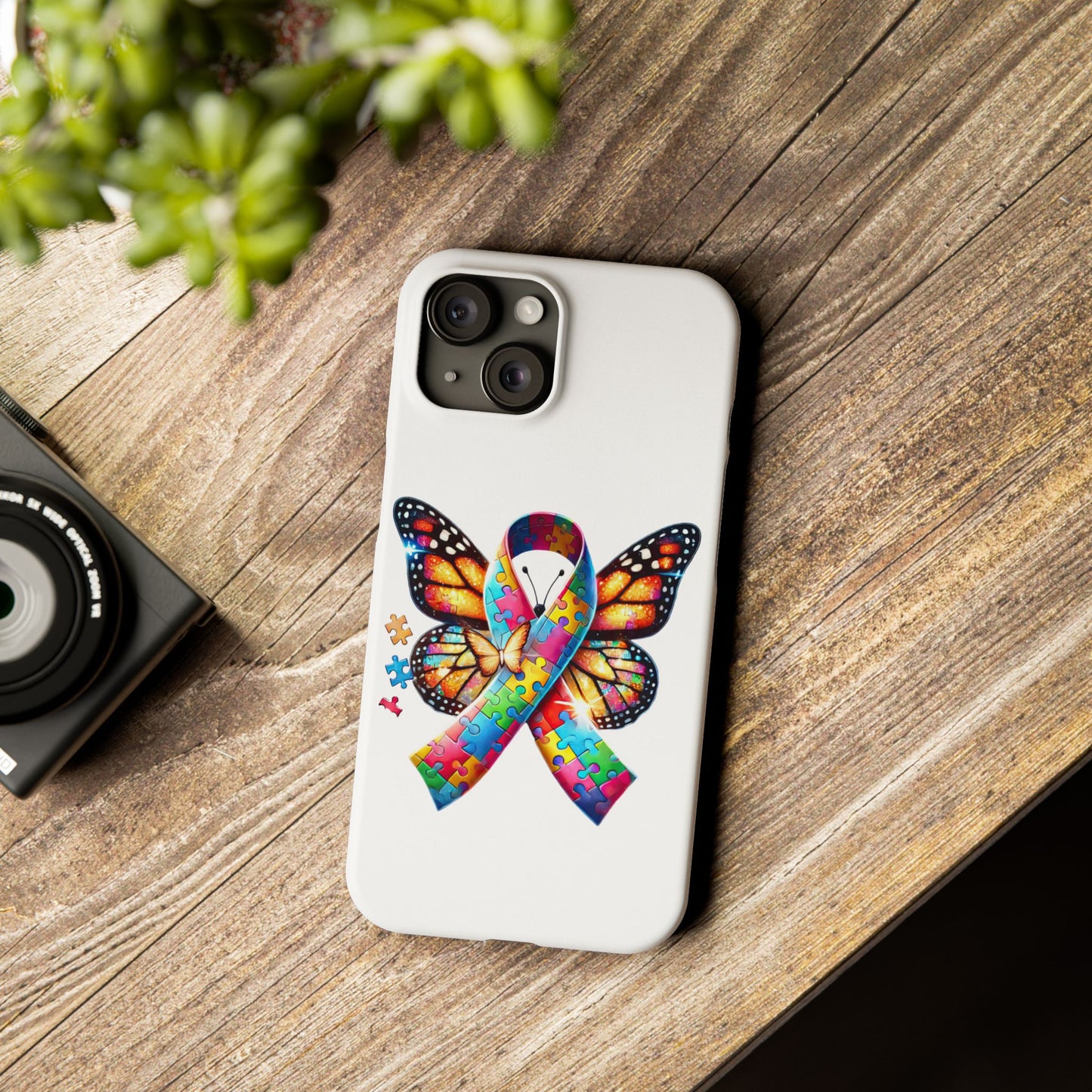 Colorful Butterfly Puzzle Ribbon Slim Phone Case - Support Autism Awareness