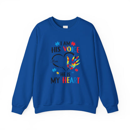 I Am His Voice Crewneck Sweatshirt for Moms & Sons - Autism Awareness Colorful Heart Design - Nefty Creations