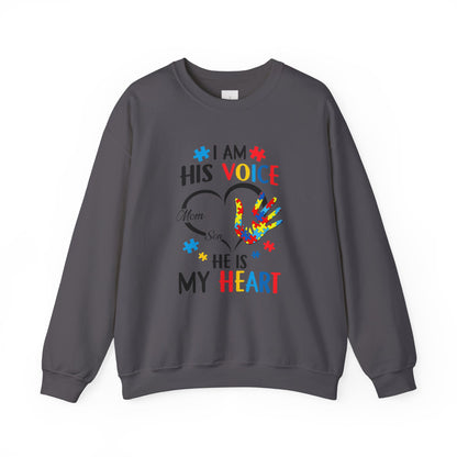 I Am His Voice Crewneck Sweatshirt for Moms & Sons - Autism Awareness Colorful Heart Design - Nefty Creations