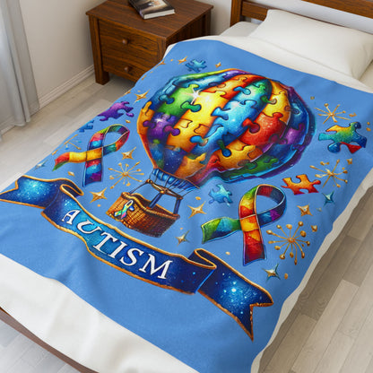 Autism Awareness Velveteen Plush Blanket for Kids - Colorful Hot Air Balloon Design - Nefty Creations