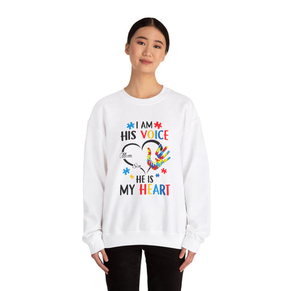 I Am His Voice Crewneck Sweatshirt for Moms & Sons - Autism Awareness Colorful Heart Design - Nefty Creations