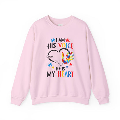 I Am His Voice Crewneck Sweatshirt for Moms & Sons - Autism Awareness Colorful Heart Design - Nefty Creations