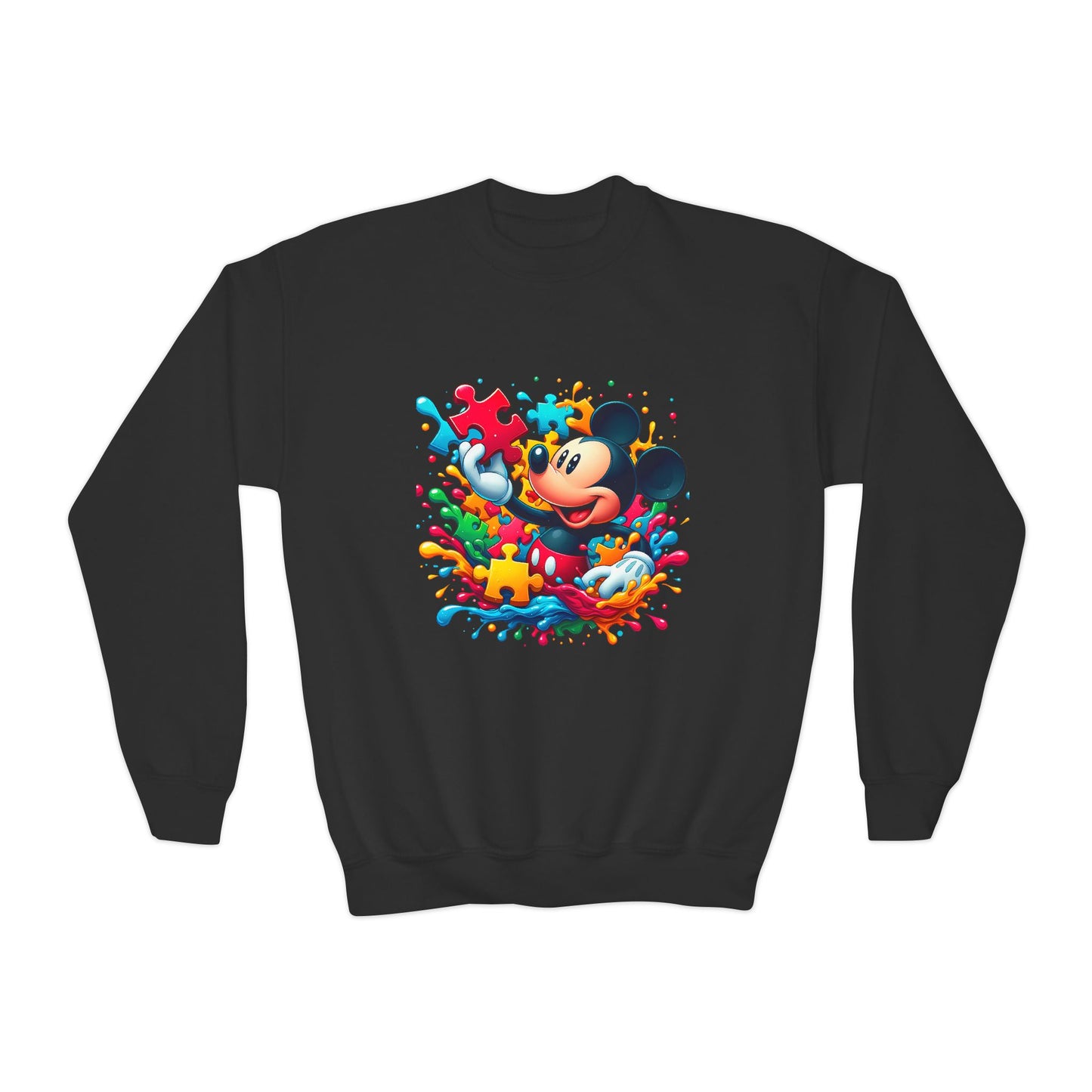 Colorful Puzzle Autism Awareness Youth Crewneck Sweatshirt - Mickey Mouse Design