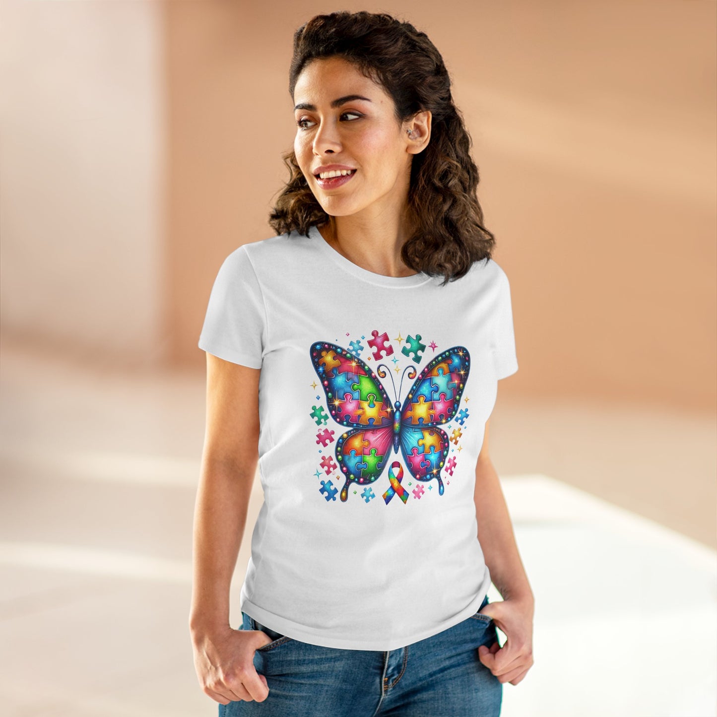 Colorful Butterfly Puzzle Women's Midweight Cotton Tee