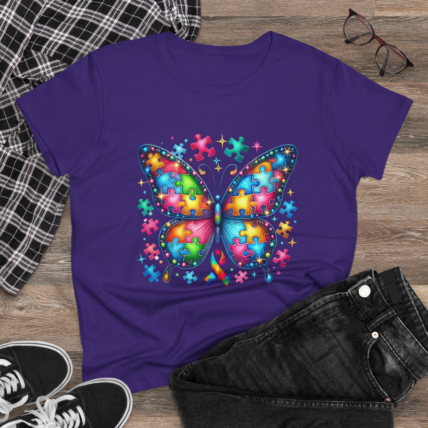 Colorful Butterfly Puzzle Women's Midweight Cotton Tee