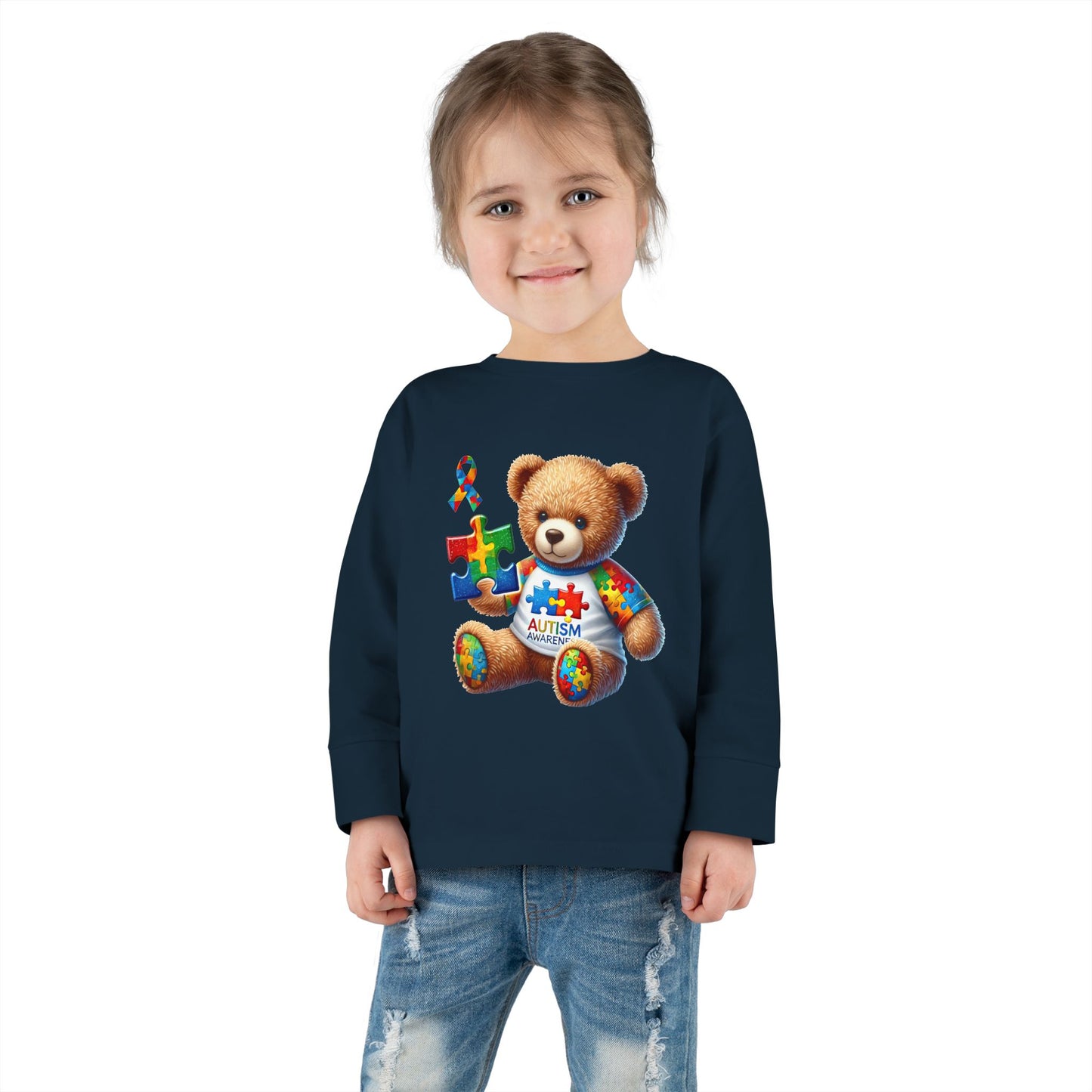 Autism Awareness Toddler Long Sleeve Tee - Cute Teddy Bear Design