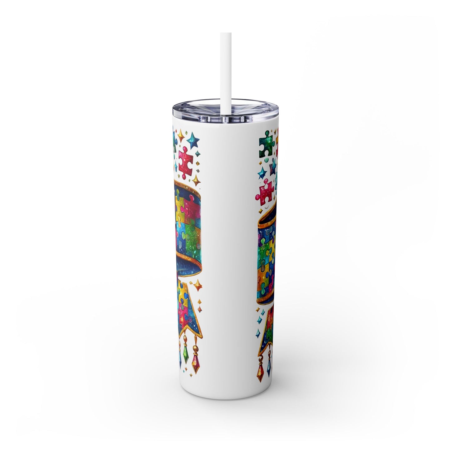 Autism Awareness Skinny Tumbler with Straw - 20oz Colorful Puzzle Design
