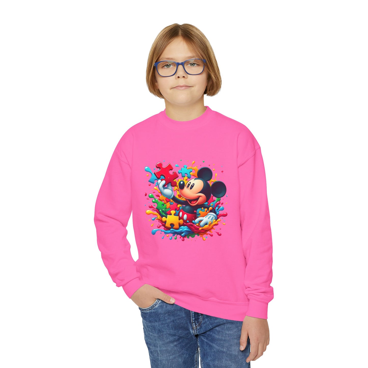 Colorful Puzzle Autism Awareness Youth Crewneck Sweatshirt - Mickey Mouse Design