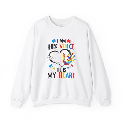 I Am His Voice Crewneck Sweatshirt for Moms & Sons - Autism Awareness Colorful Heart Design - Nefty Creations
