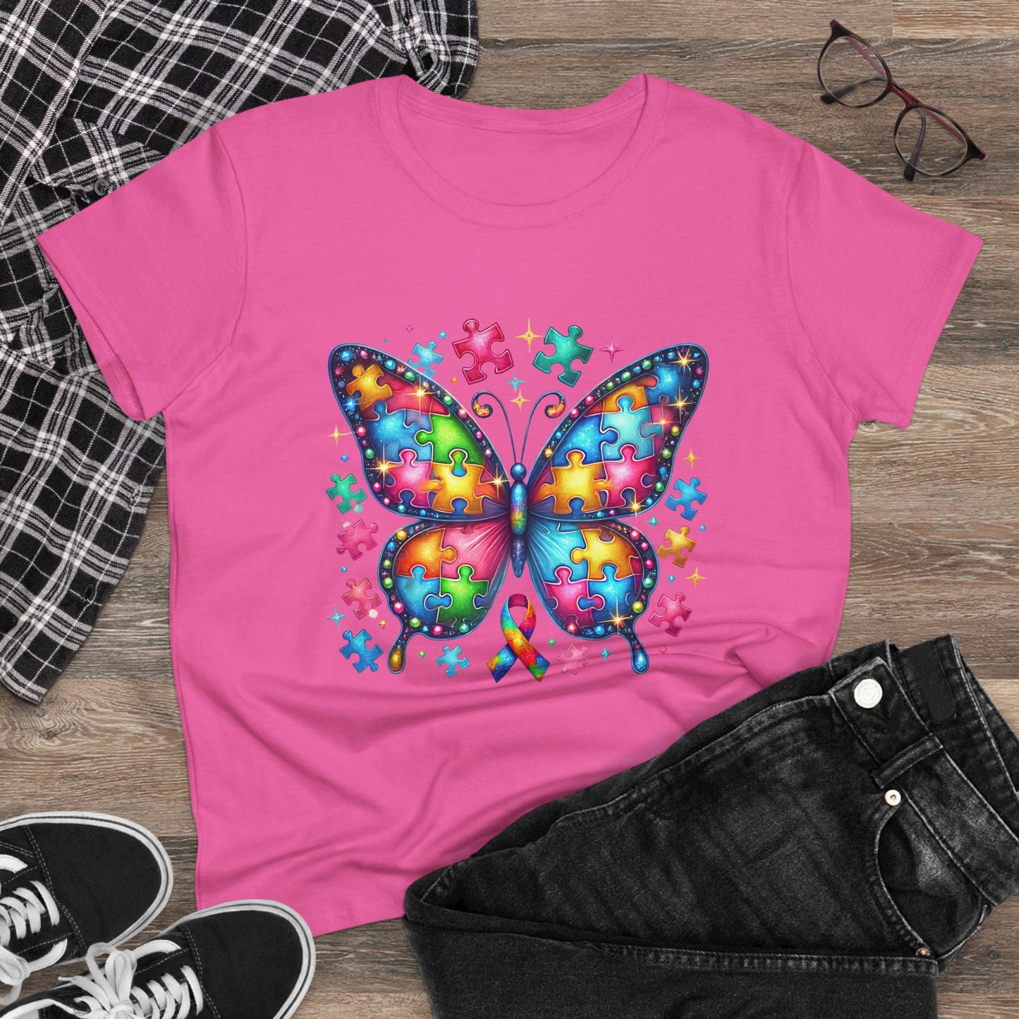 Colorful Butterfly Puzzle Women's Midweight Cotton Tee