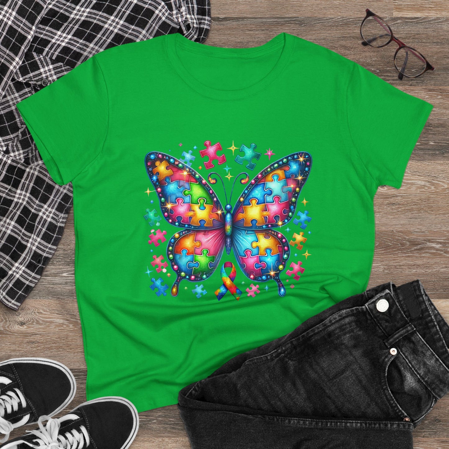 Colorful Butterfly Puzzle Women's Midweight Cotton Tee