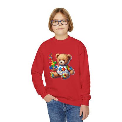 Autism Awareness Youth Crewneck Sweatshirt with Colorful Teddy Bear Design - Nefty Creations