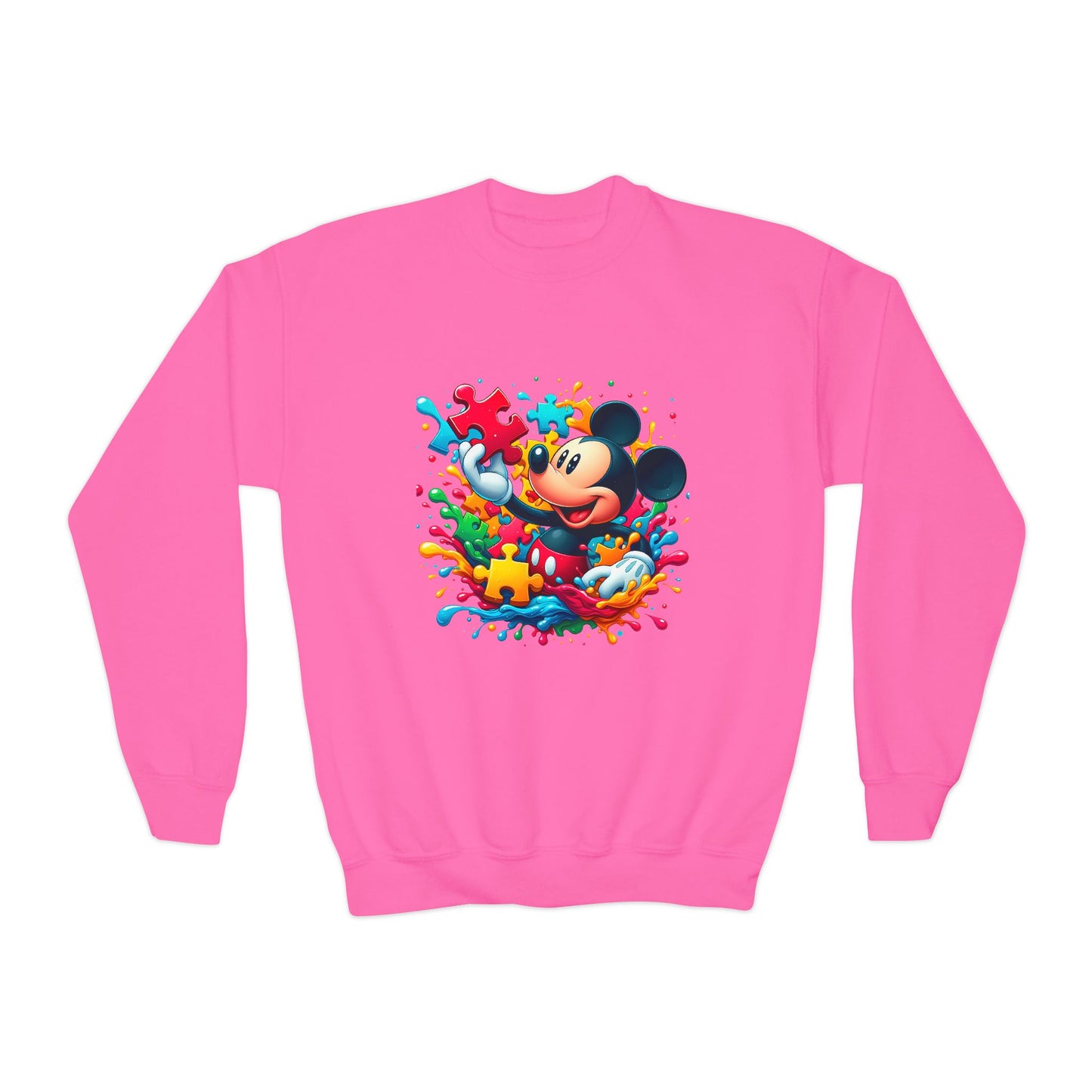 Colorful Puzzle Autism Awareness Youth Crewneck Sweatshirt - Mickey Mouse Design