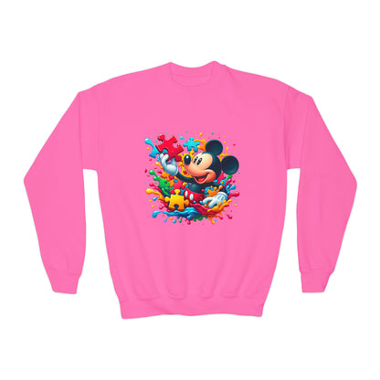 Colorful Puzzle Autism Awareness Youth Crewneck Sweatshirt - Mickey Mouse Design - Nefty Creations